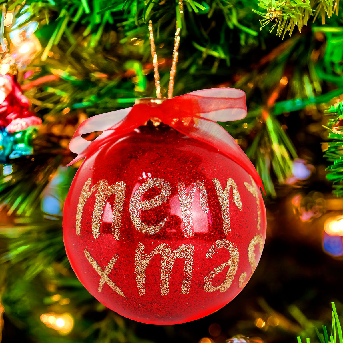 Esfera Navideña Brillante "merry xmas", Color Rojo, 10 cm