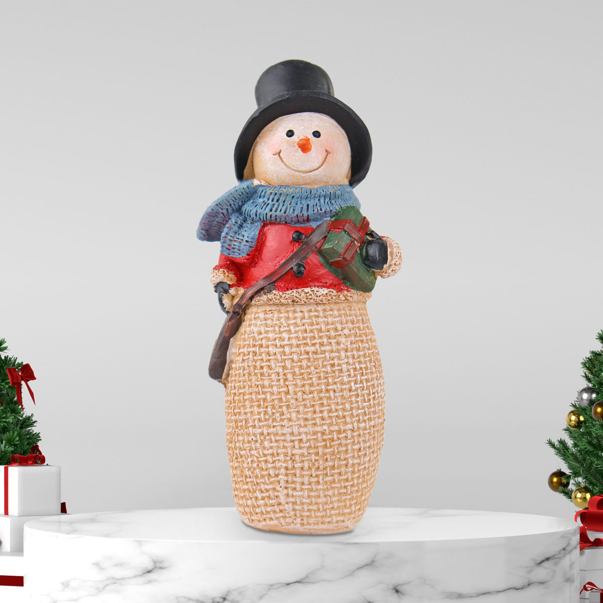Snowman con Regalo, Figura Decorativa de Cerámica