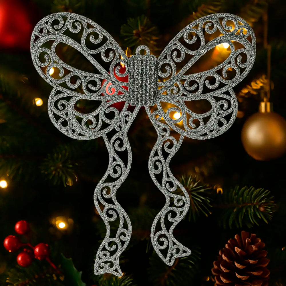 Moño Navideño color Plata con Diamantina