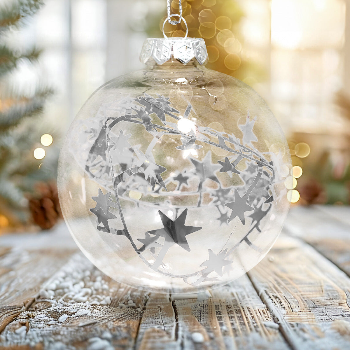 Esfera Navideña Redonda Transparente con Decoración color Plata