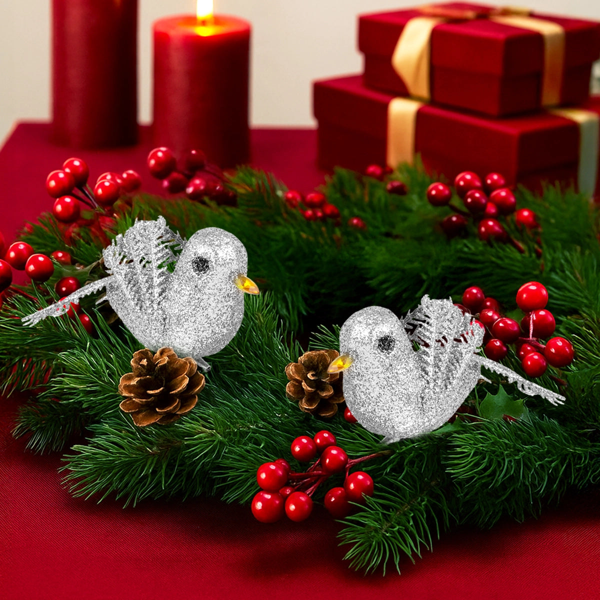 Ornamento Navideño de Pájaro, Color Plata, 2 pzas