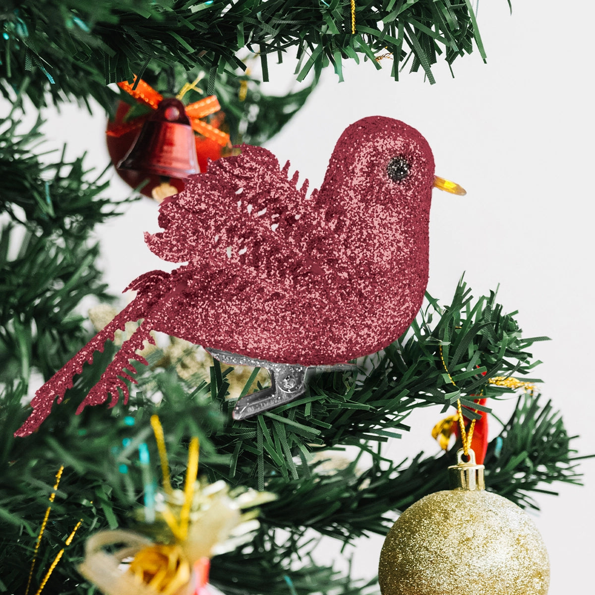 Ornamento Navideño de Pájaro, Color Vino, 2 pzas