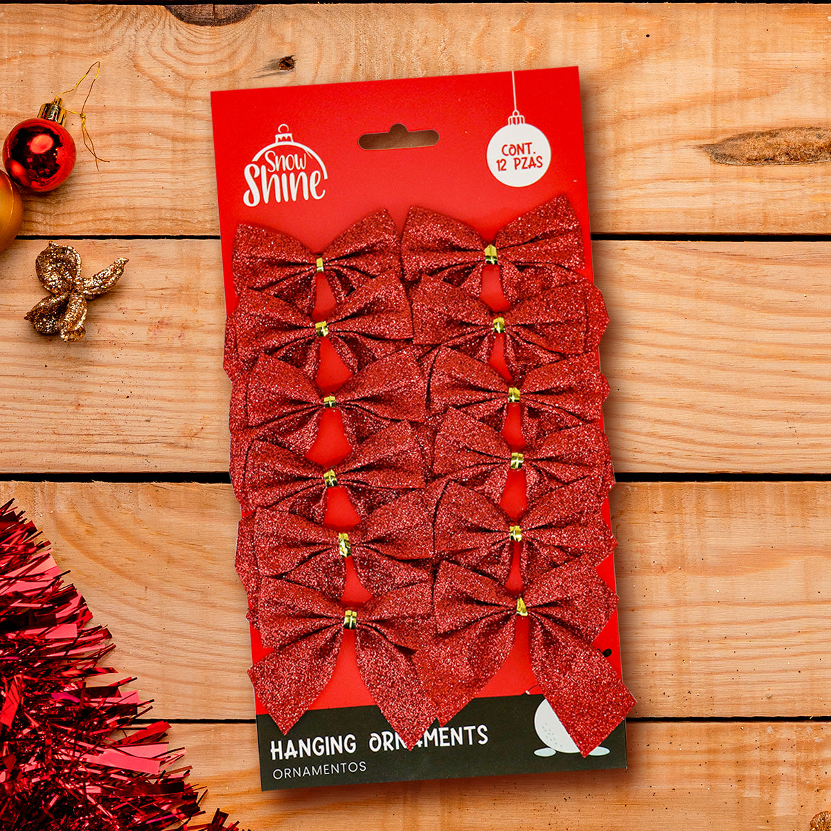 Set de 12 Moños con Glitter, Color Rojo