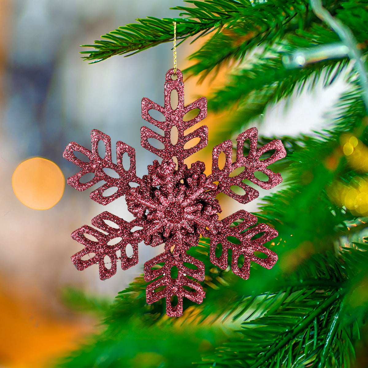 Ornamento de Copo de Nieve color Rojo con Glitter