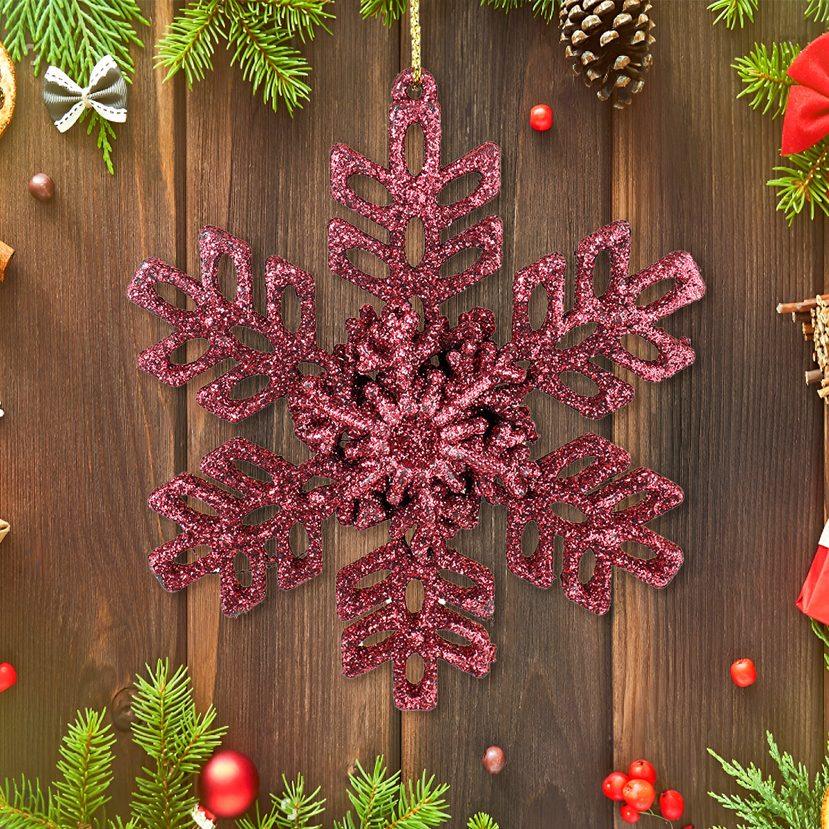 Ornamento de Copo de Nieve color Rojo con Glitter