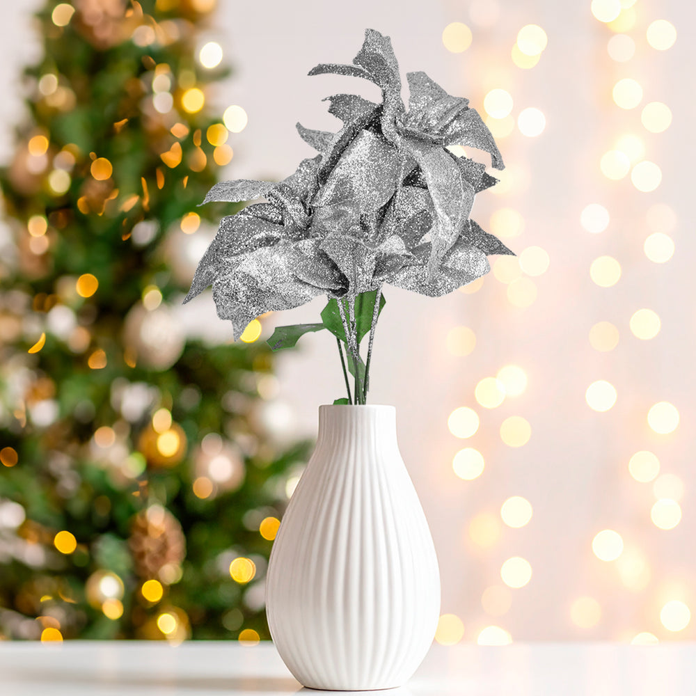 Nochebuena Artificial con Glitter, Color Plata