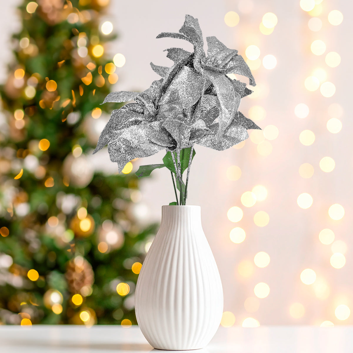 Nochebuena Artificial con Glitter, Color Plata