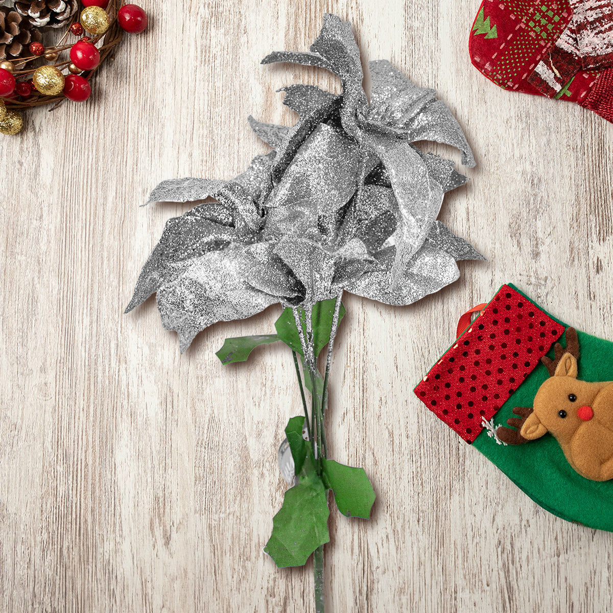 Nochebuena Artificial con Glitter, Color Plata