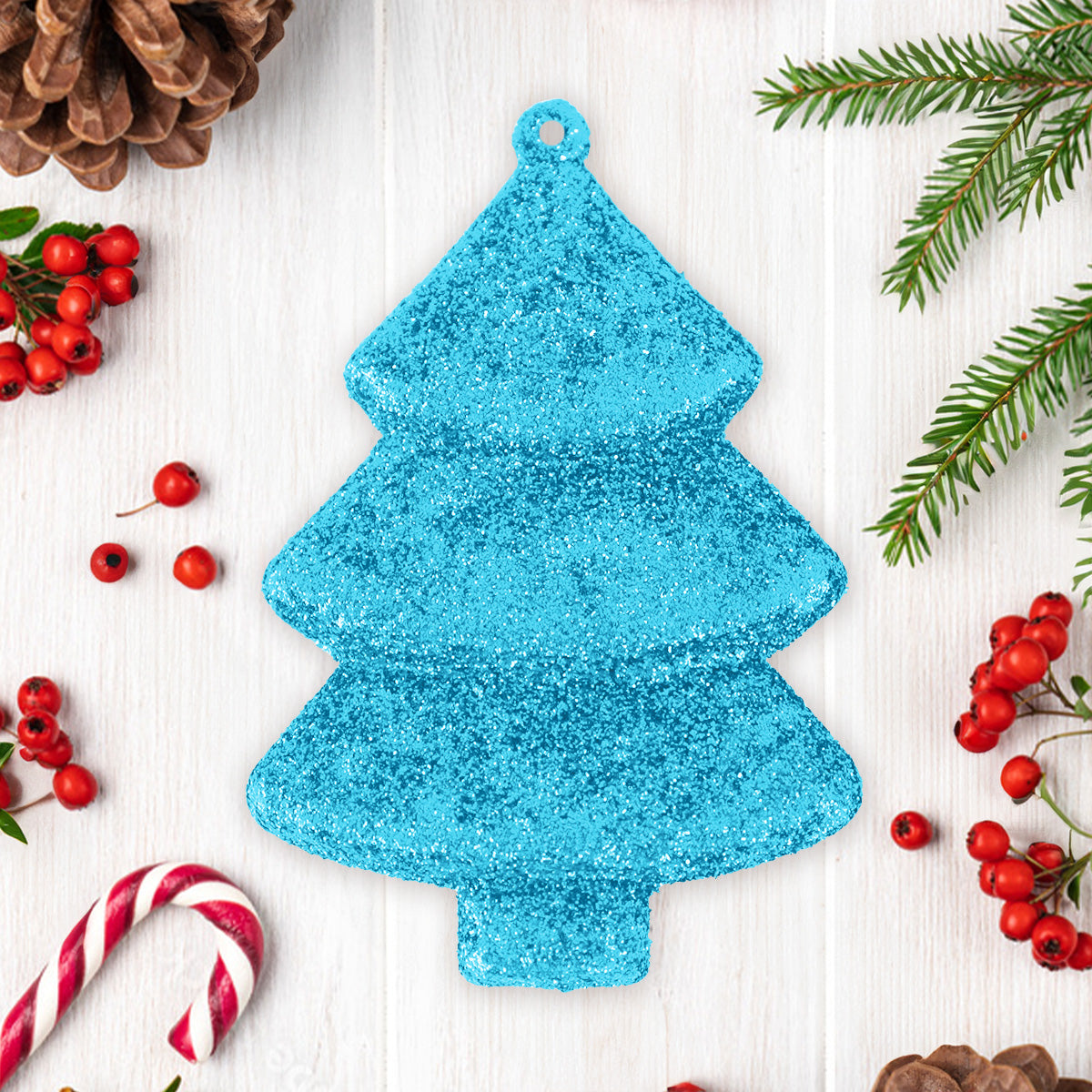 Set Mini Árbol Navideño con Glitter, Color Azul, 5 pzas