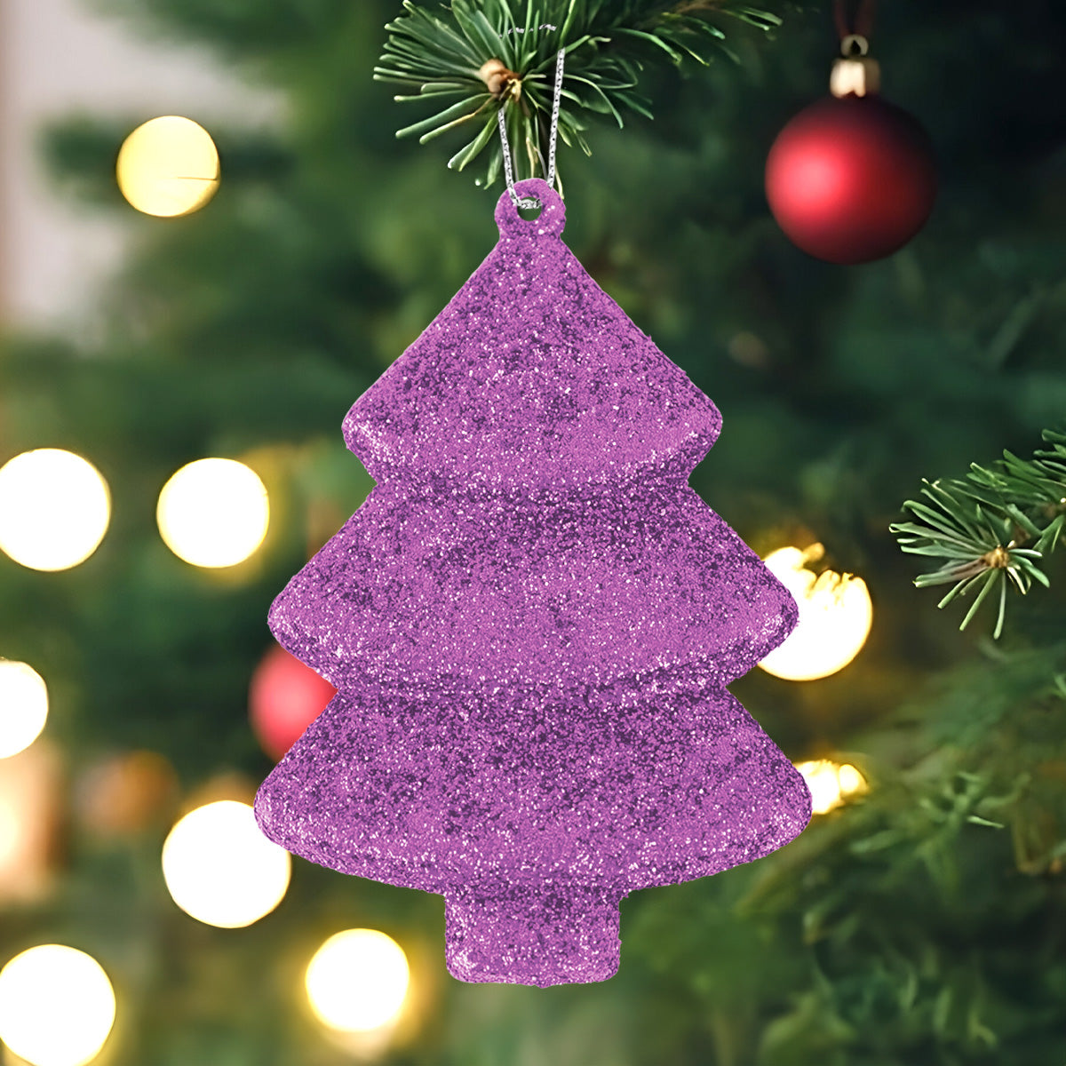Set Mini Árbol Navideño con Glitter, Color Morado, 5 pzas