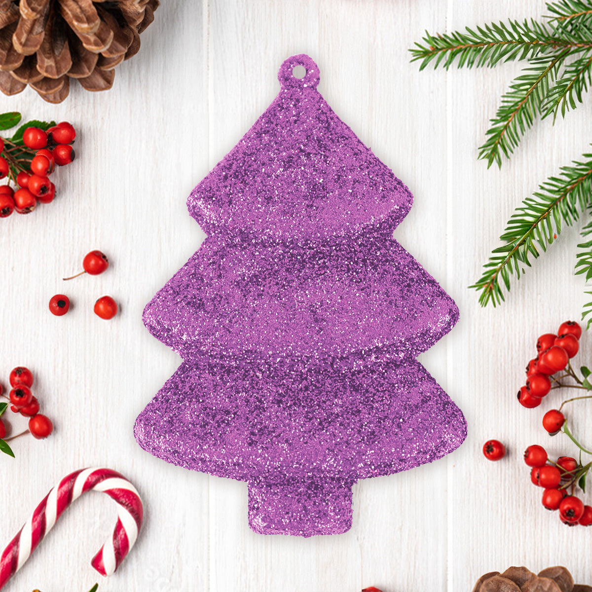 Set Mini Árbol Navideño con Glitter, Color Morado, 5 pzas