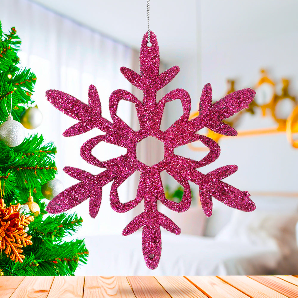 Ornamento Copo de Nieve con Glitter, Color Fucsia, 4 pzas