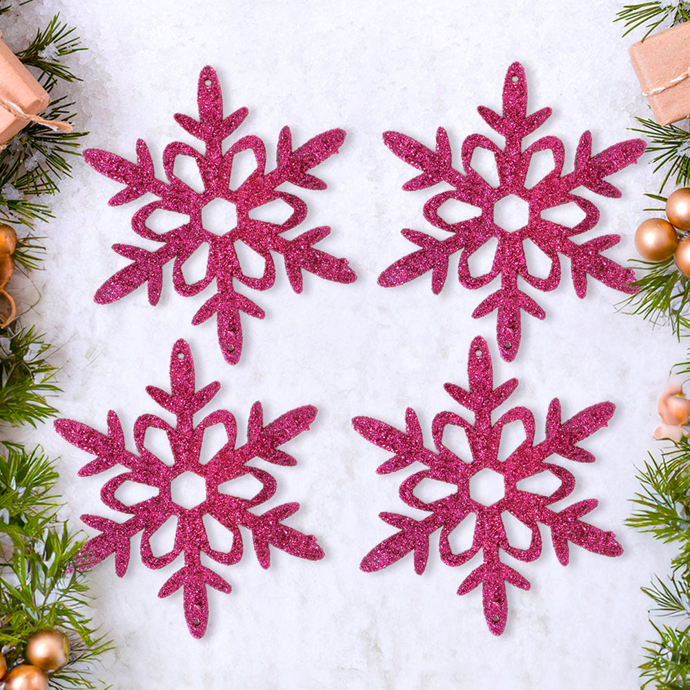 Ornamento Copo de Nieve con Glitter, Color Fucsia, 4 pzas