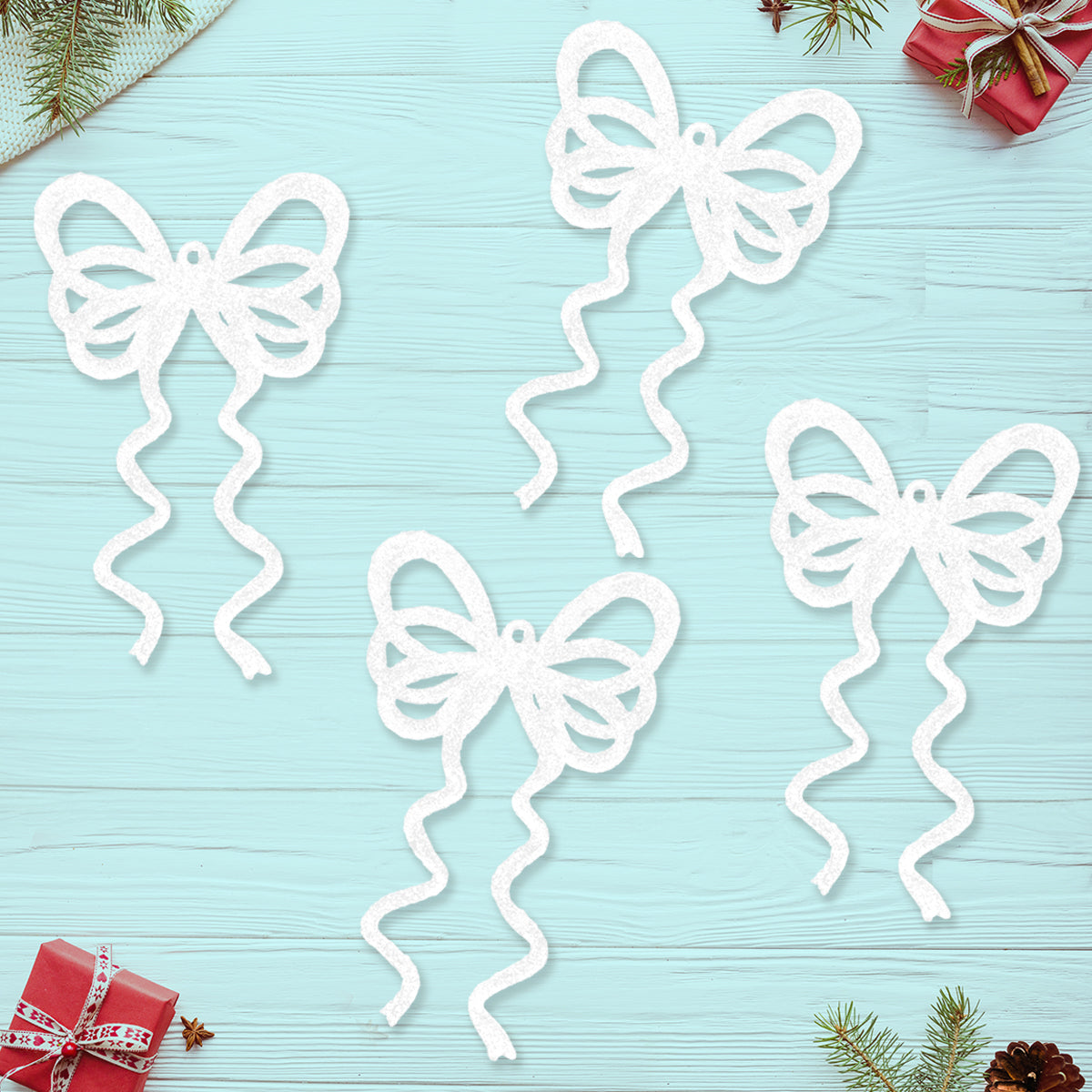 Ornamento Moño con Glitter, Color Blanco, 4 pzas