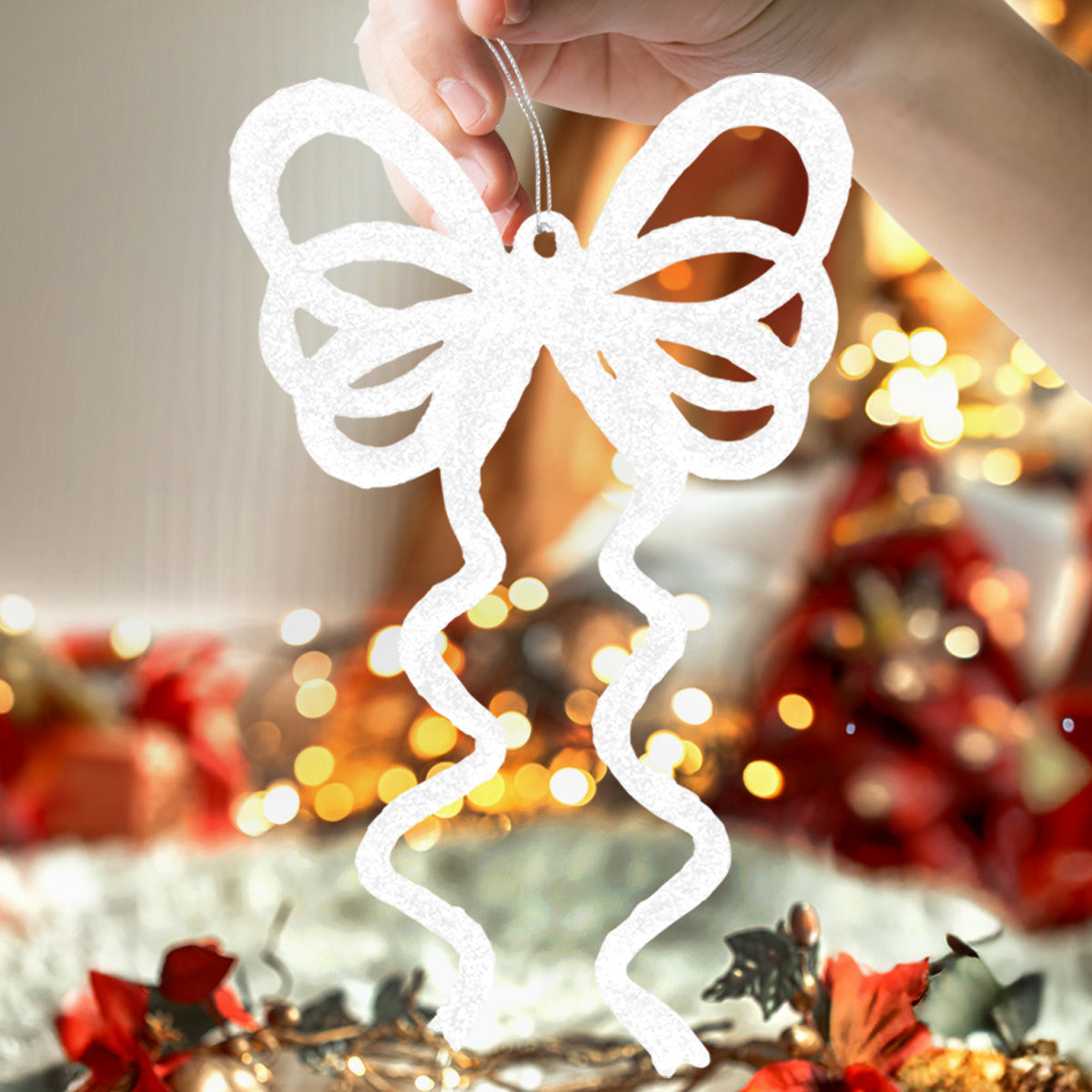 Ornamento Moño con Glitter, Color Blanco, 4 pzas