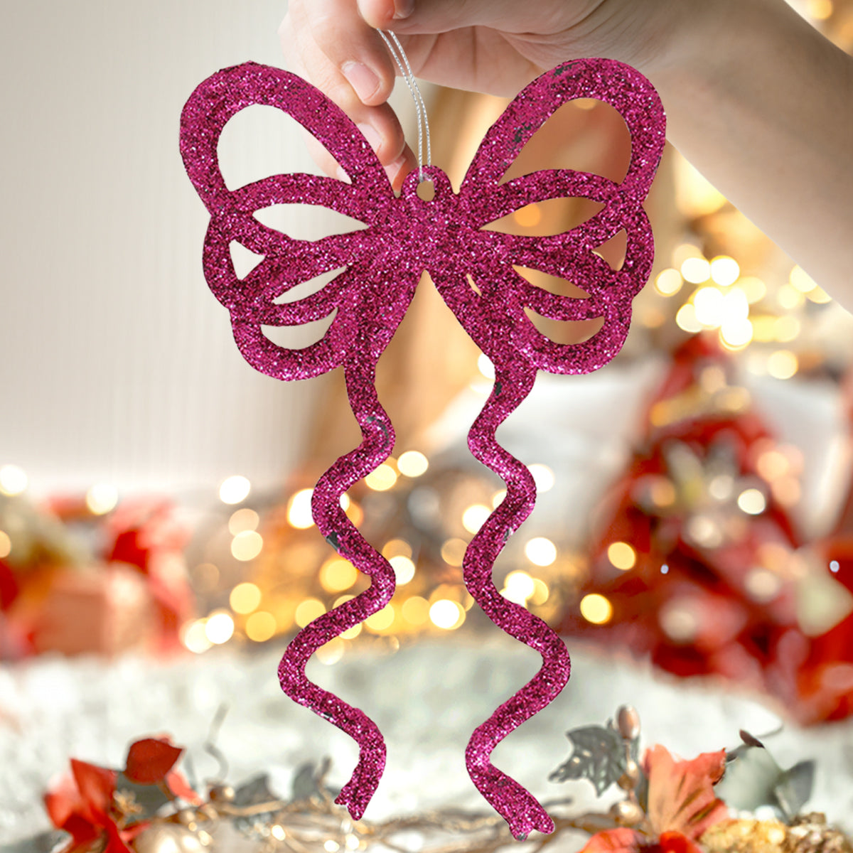 Ornamento Moño con Glitter, Color Fucsia, 4 pzas