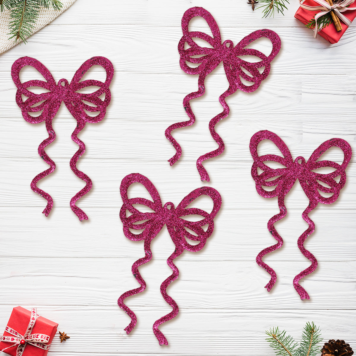 Ornamento Moño con Glitter, Color Fucsia, 4 pzas