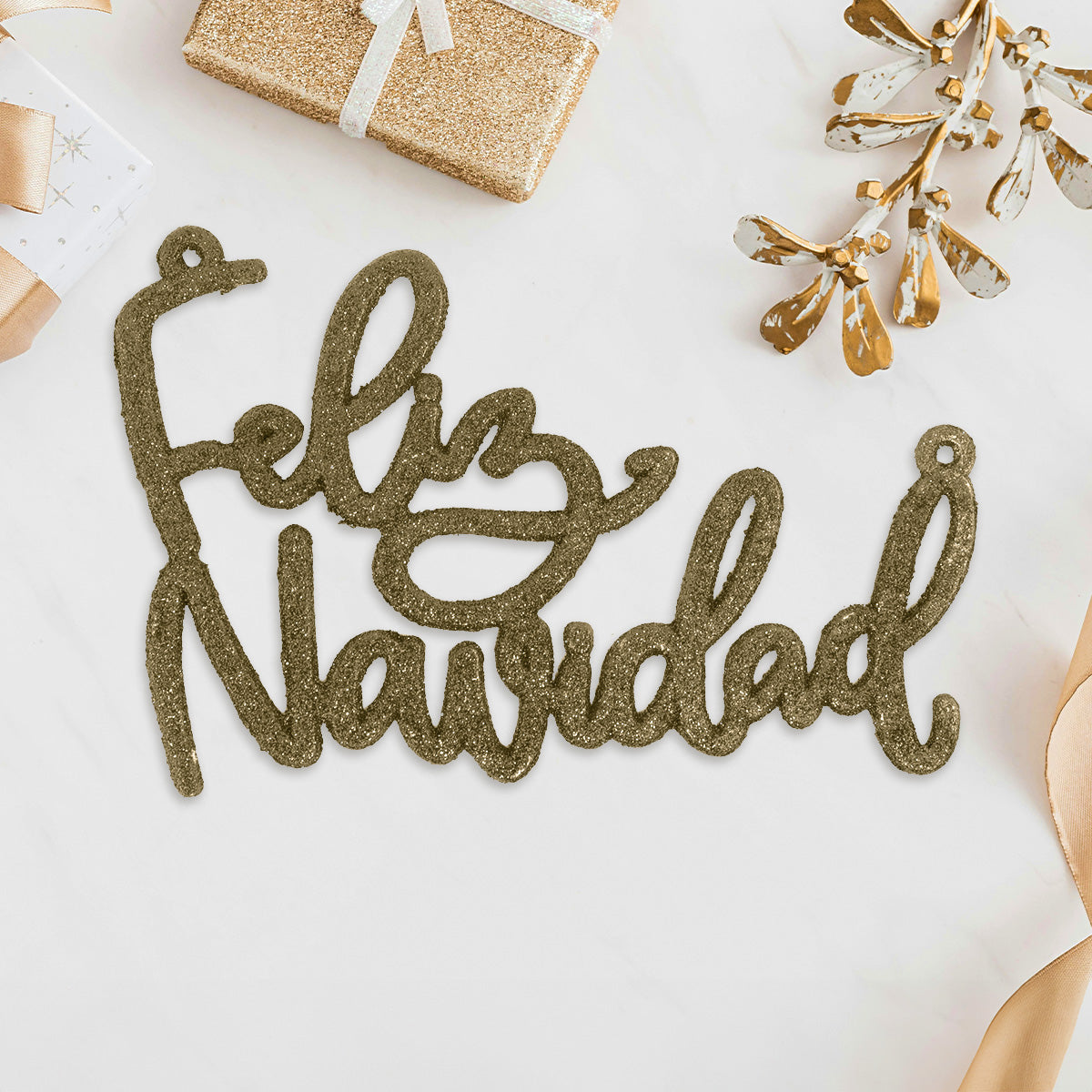 Letrero Feliz Navidad color Oro con Glitter, 2pzas