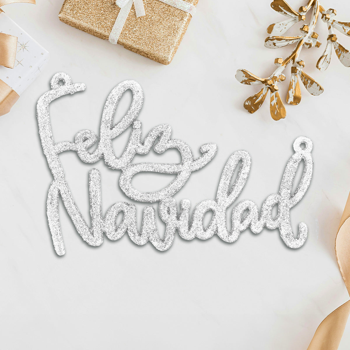 Letrero Feliz Navidad color Blanco con Glitter, 2pzas