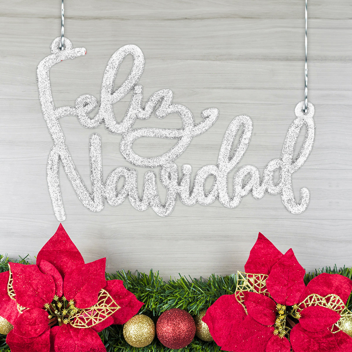 Letrero Feliz Navidad color Blanco con Glitter, 2pzas