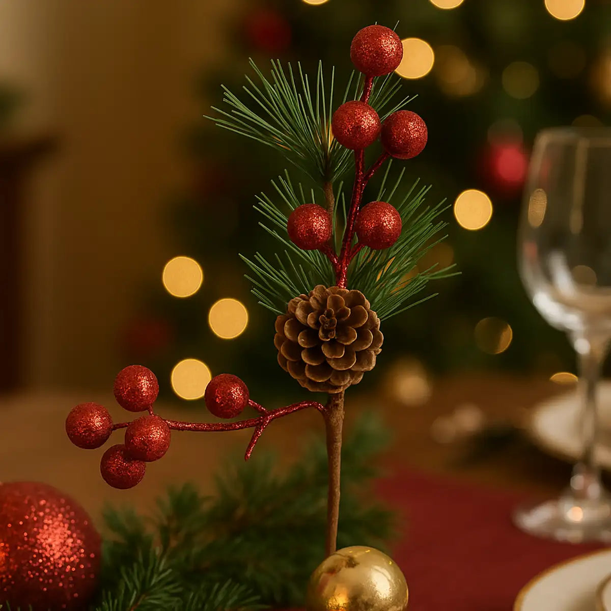 Mini Follaje Navideño de Pino Artificial con Bayas color Rojo