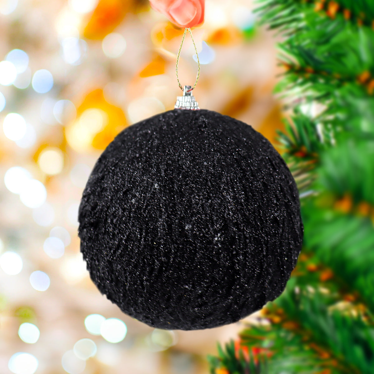 Esfera Navideña, Efecto Peludo, Color Negro