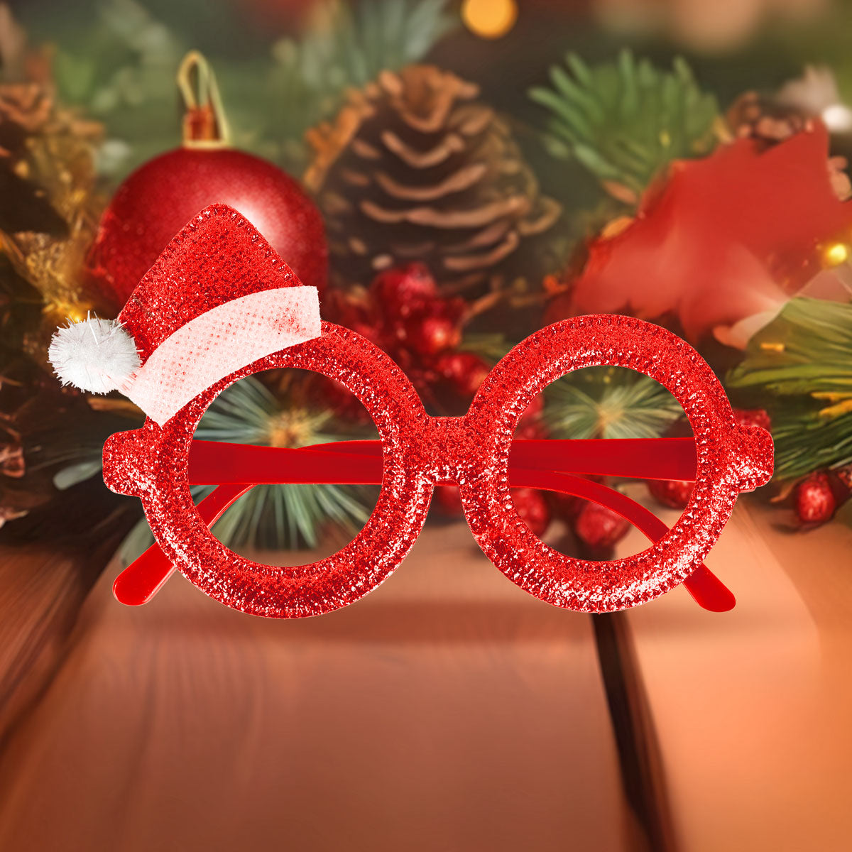 Lentes Navideños con Sobrerito Navideño Glitter, Color Rojo
