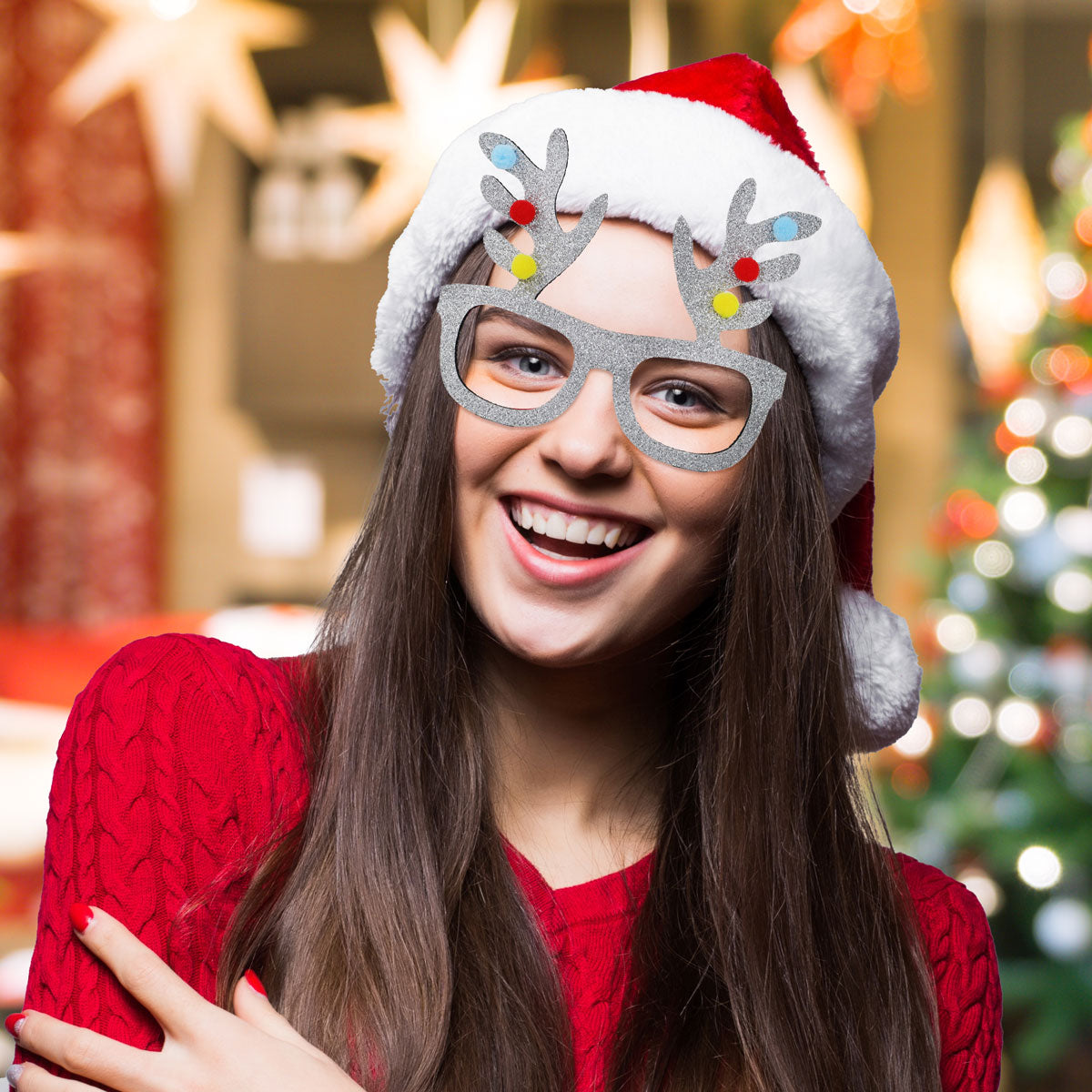 Lentes Navideños con Astas de Reno y Glitter, Color Plata