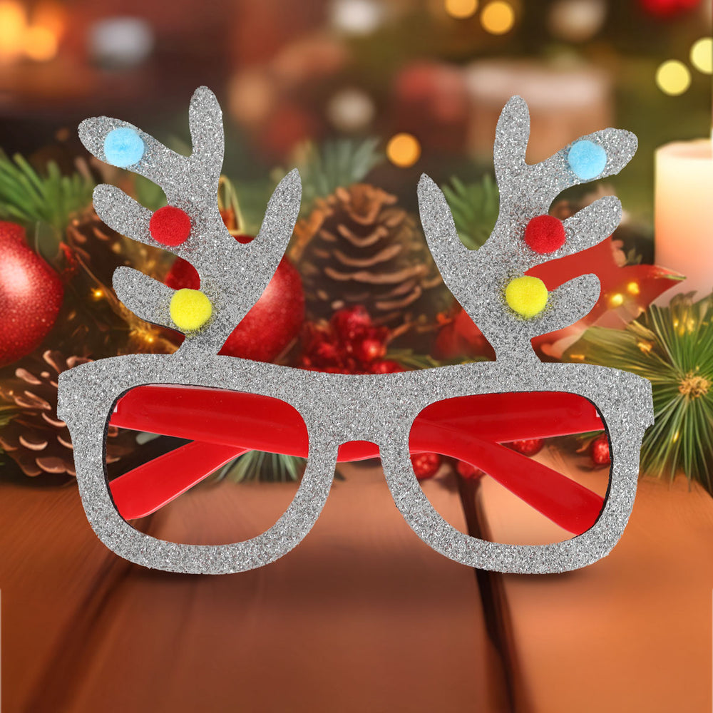 Lentes Navideños con Astas de Reno y Glitter, Color Plata
