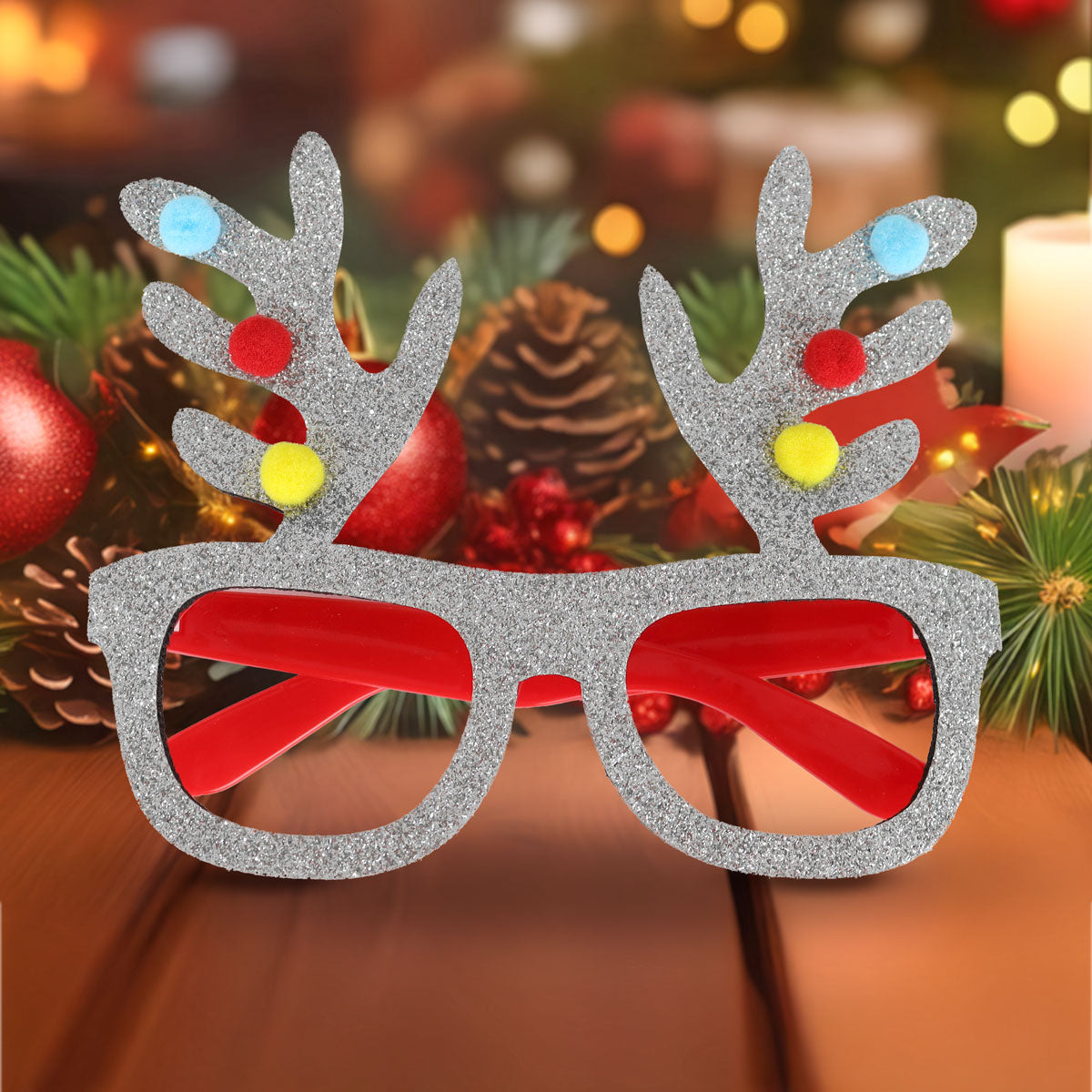 Lentes Navideños con Astas de Reno y Glitter, Color Plata