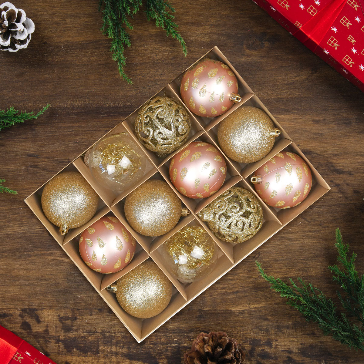 Set de Esferas Rosa y Dorado, 12 pzas