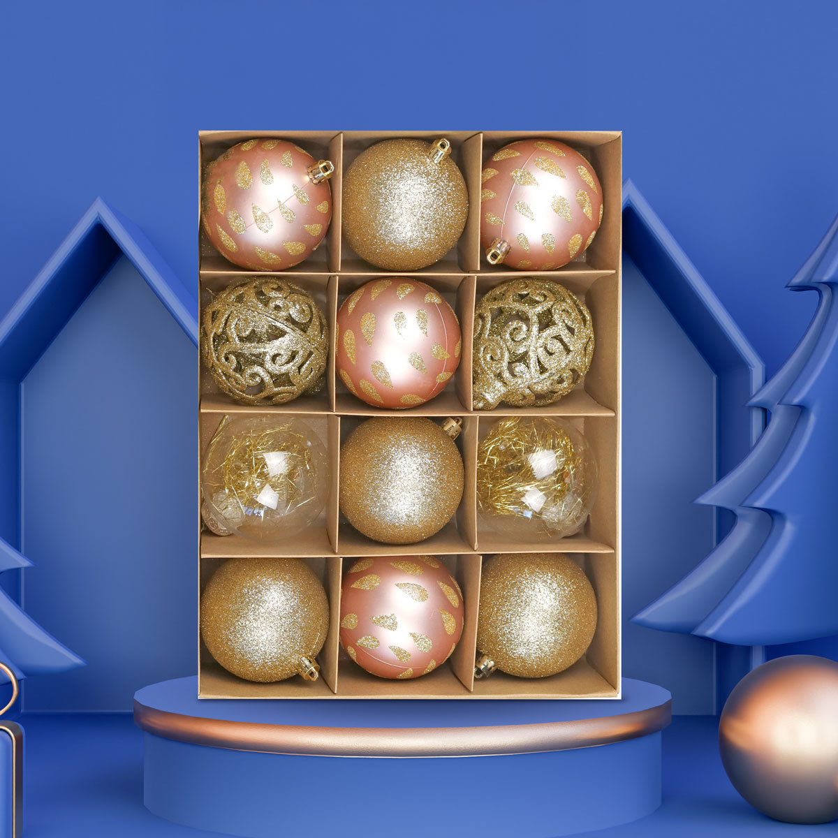 Set de Esferas Rosa y Dorado, 12 pzas