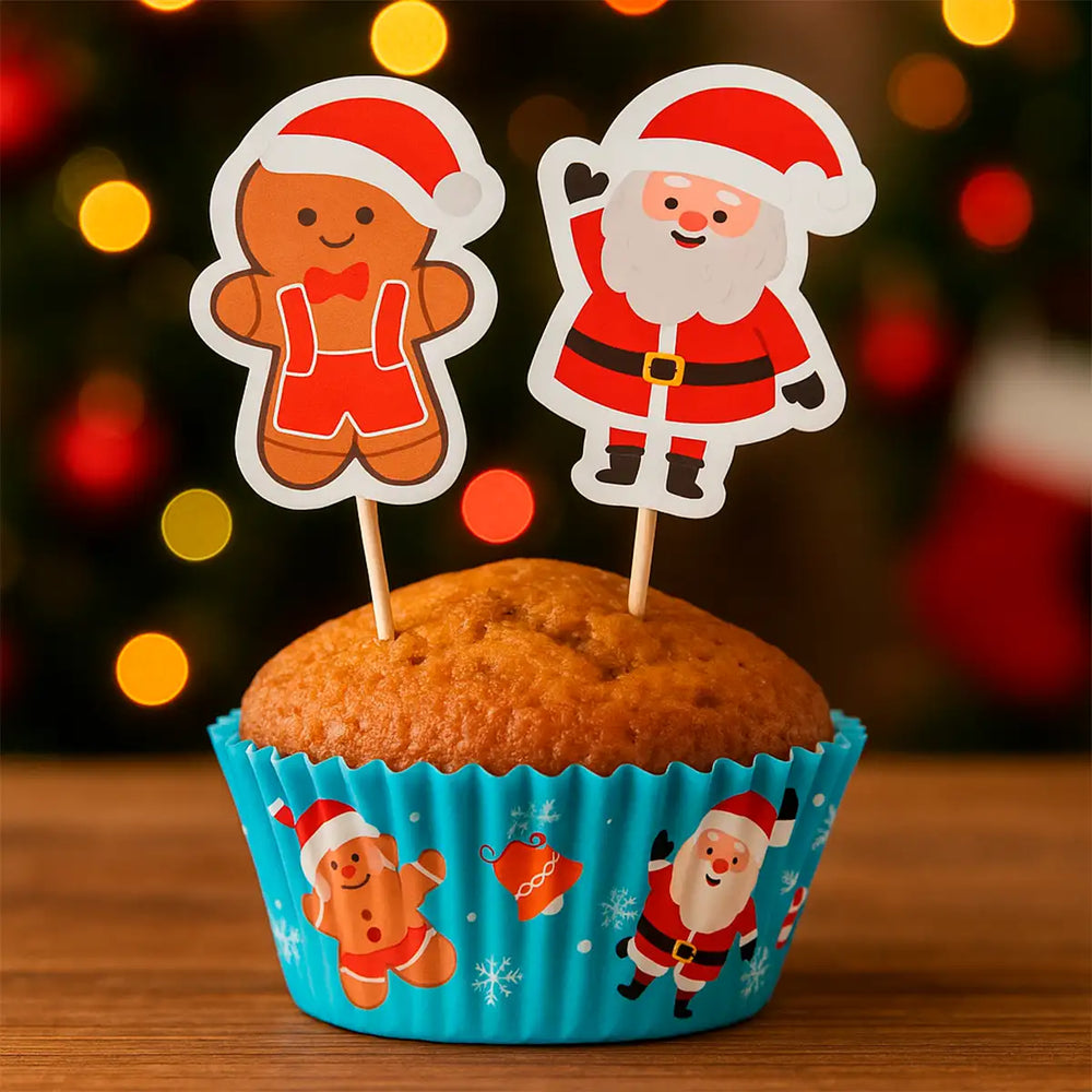 Set Navideño de Capacillos y Palillos Decorativos para Cupcakes, Santa