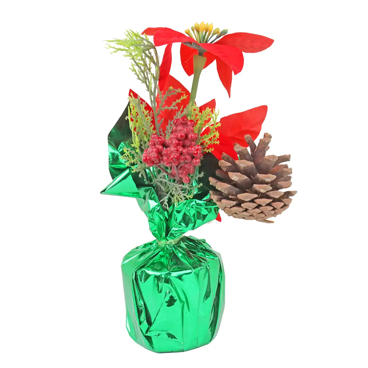 Maceta Brillante Color Verde con Nochebuena Artificial, 25 cm