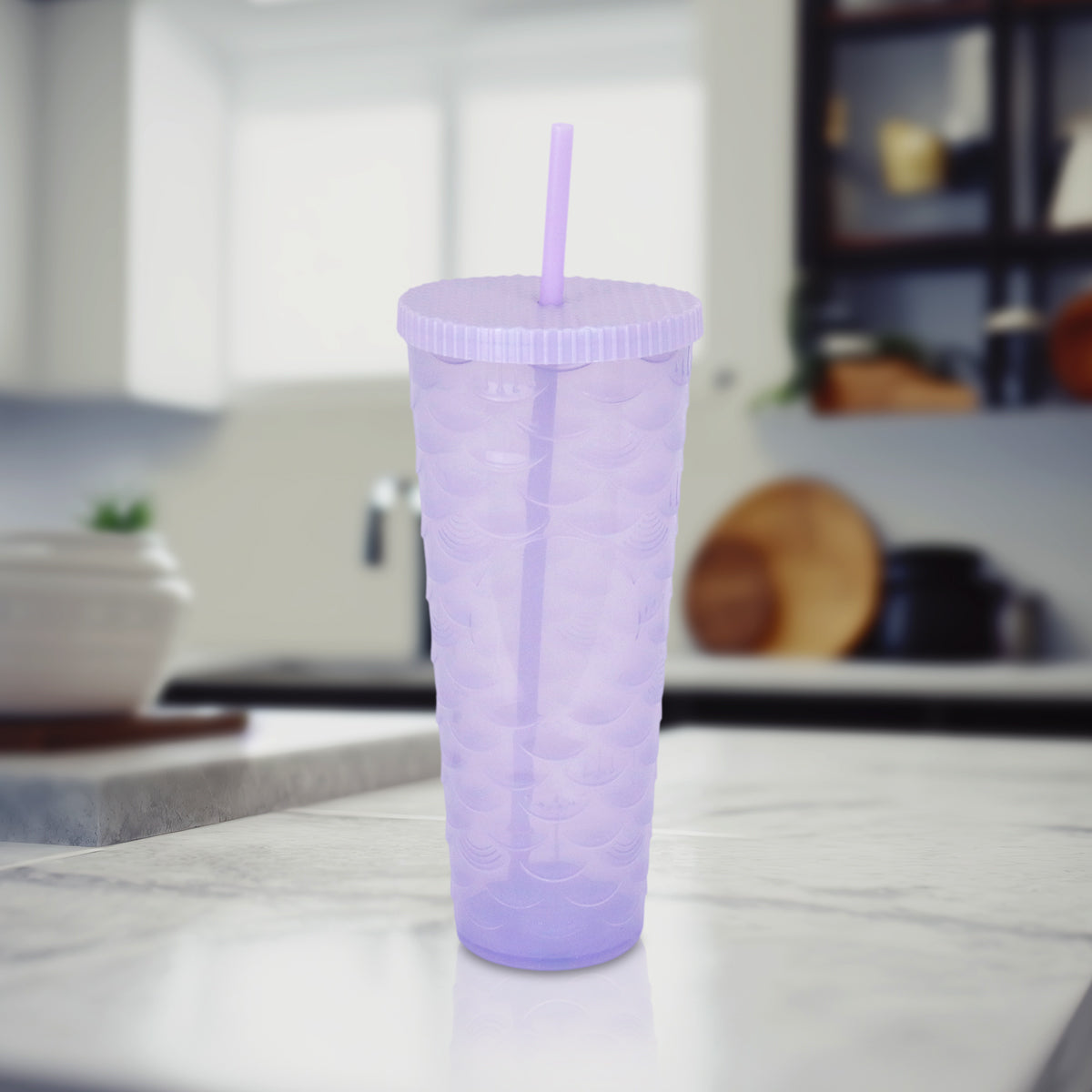 Vaso Decorado color Lila con Popote, 1100ml