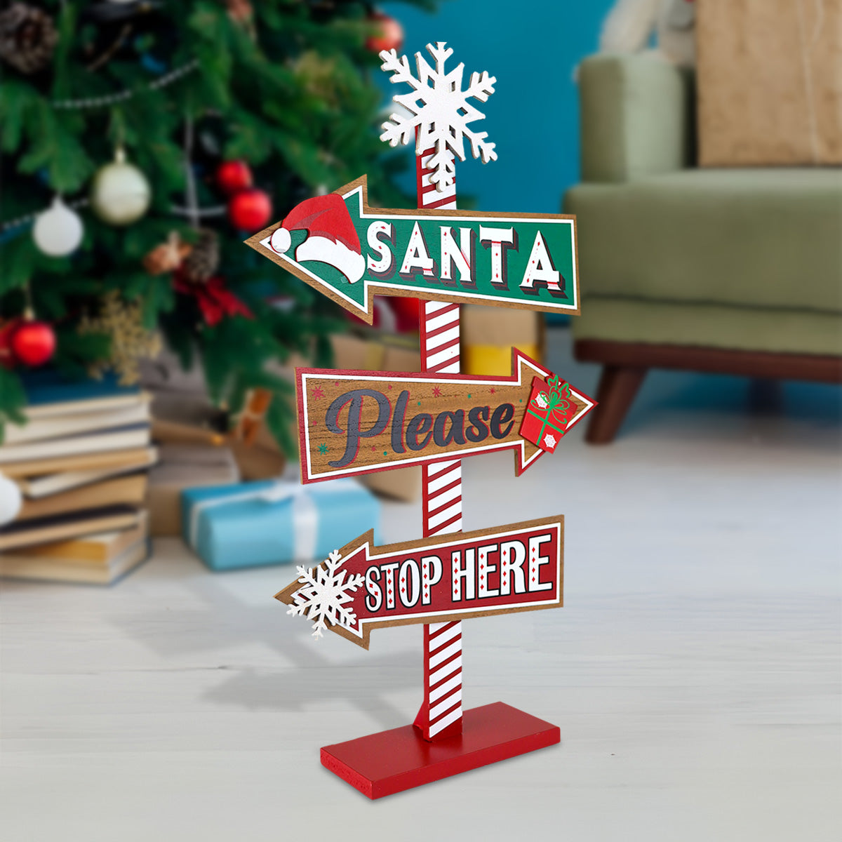 Letrero Navideño Decorativo "Santa Please Stop Here"