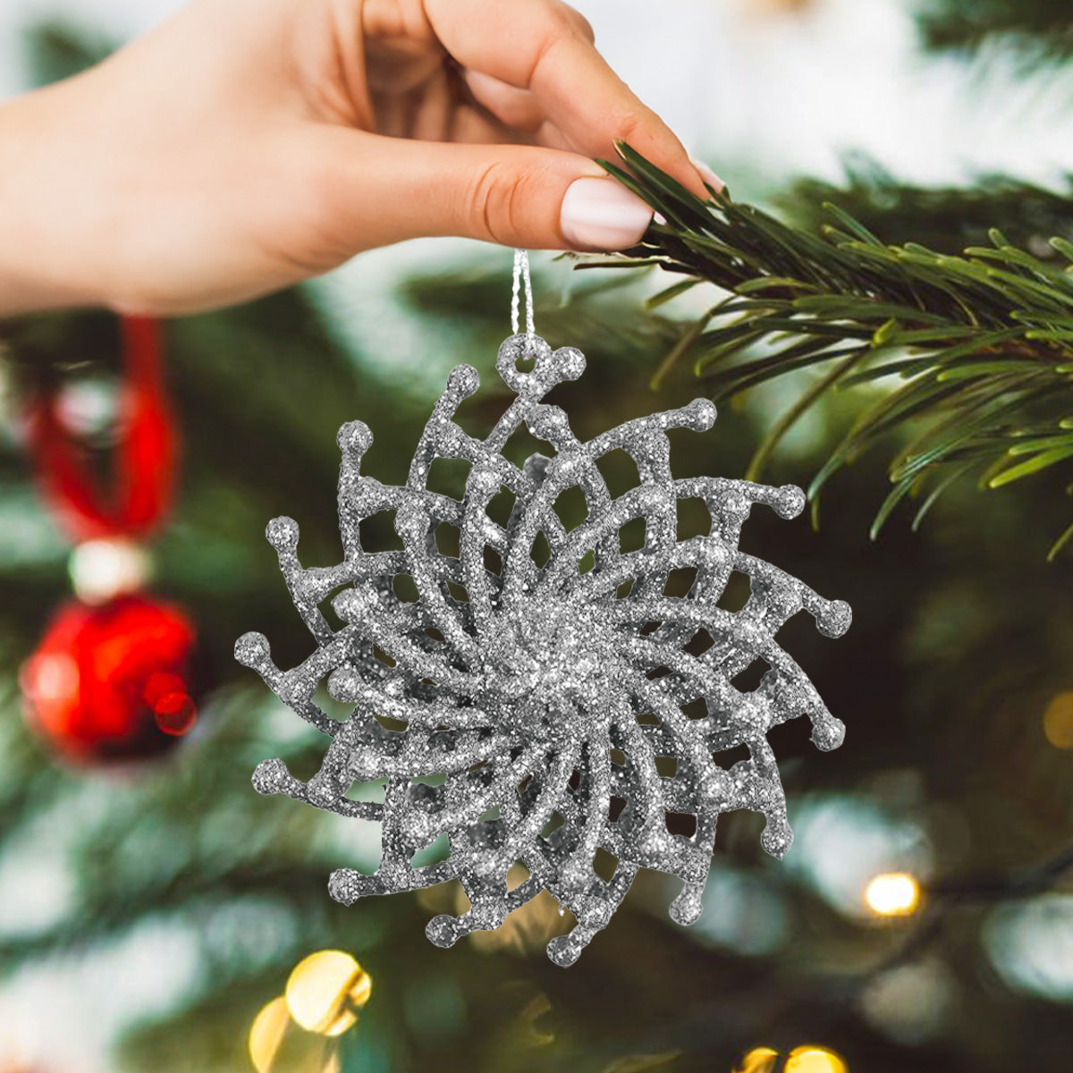 Ornamentos Navideños con Glitter, Color Plata, 6 cm