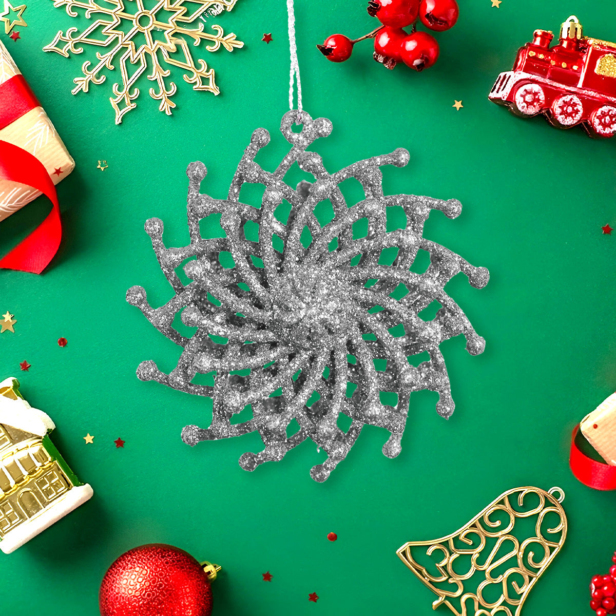 Ornamentos Navideños con Glitter, Color Plata, 6 cm