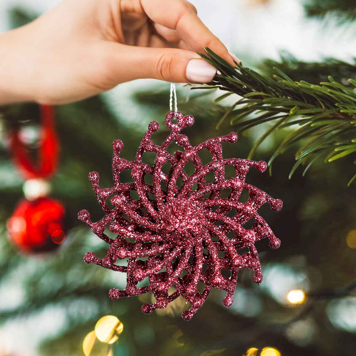 Ornamentos Navideños con Glitter, Color Vino, 6 cm