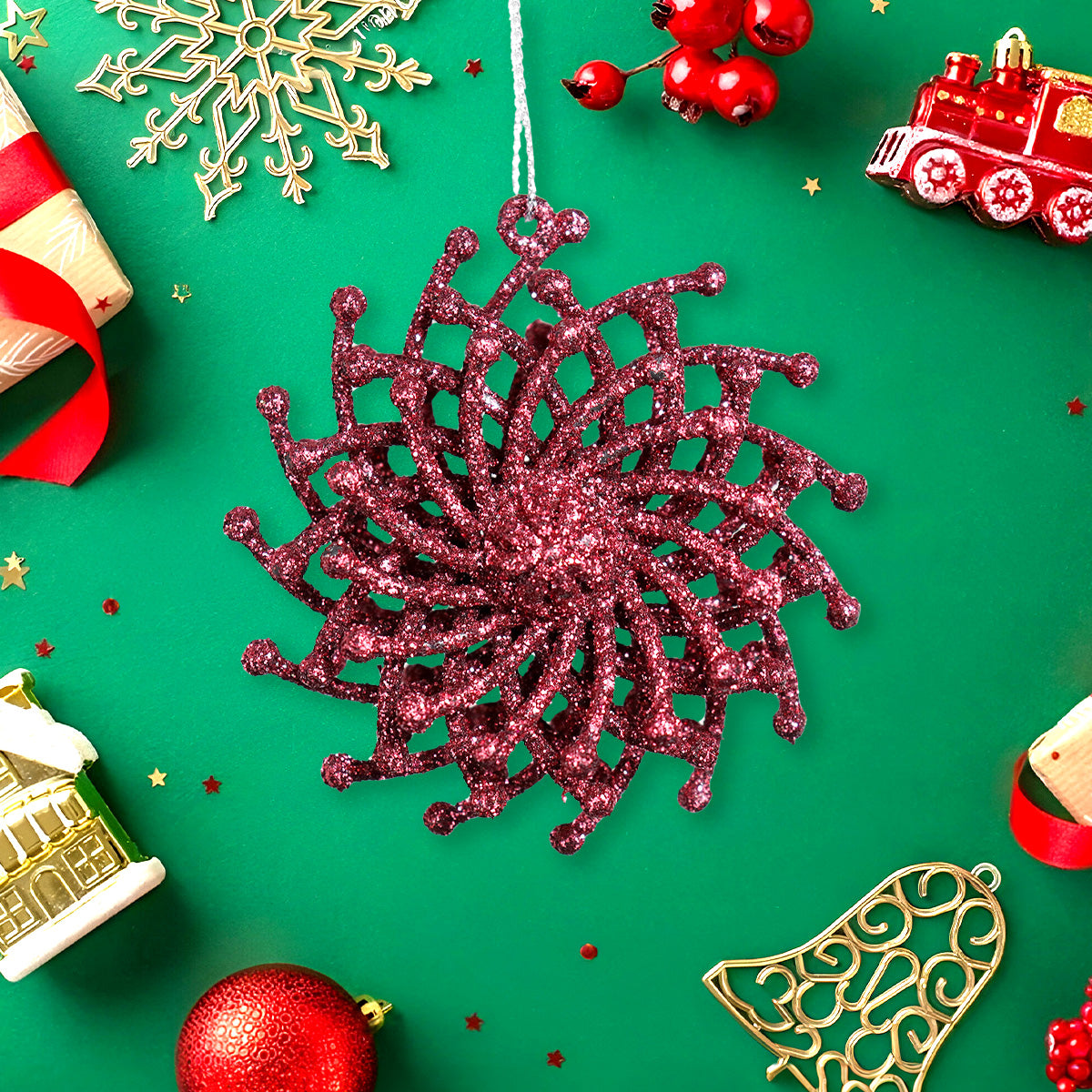 Ornamentos Navideños con Glitter, Color Vino, 6 cm