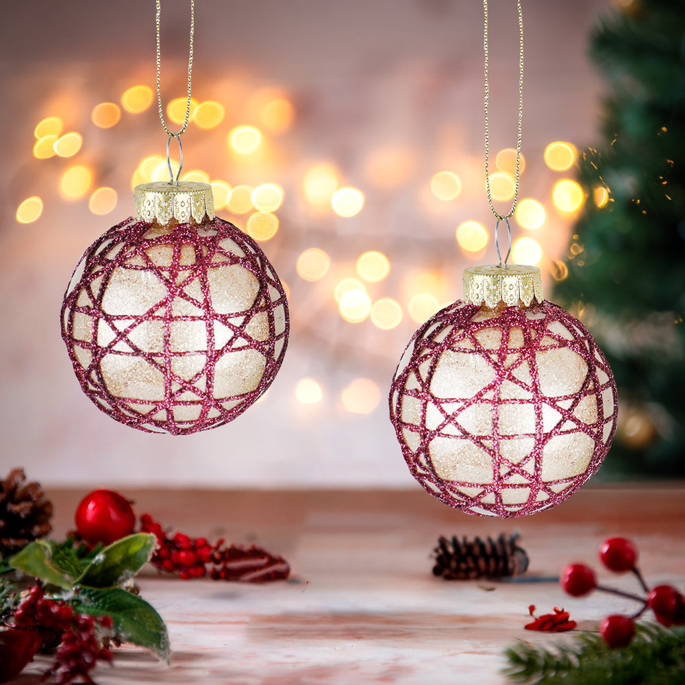 Esferas Navideñas Brillantes con Diseño en Glitter Vino, 2 pzas