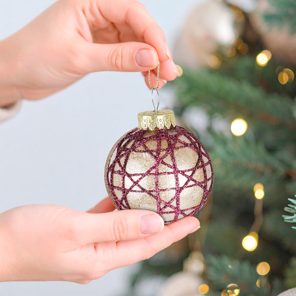 Esferas Navideñas Brillantes con Diseño en Glitter Vino, 2 pzas