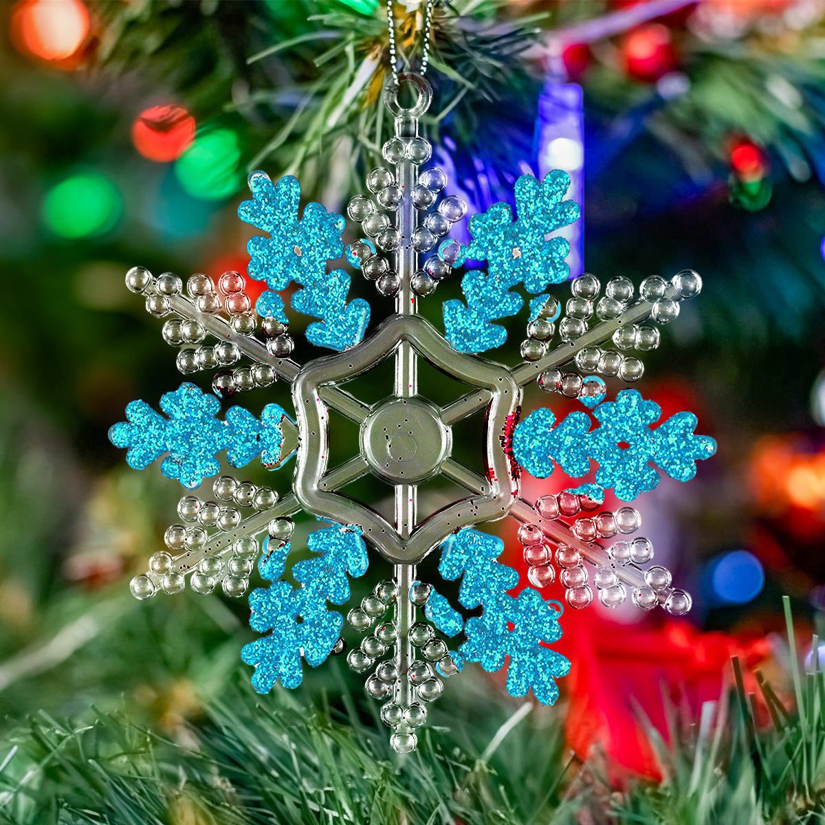 Copo de Nieve, Ornamento Navideño Plástico y Glitter, Color Azul