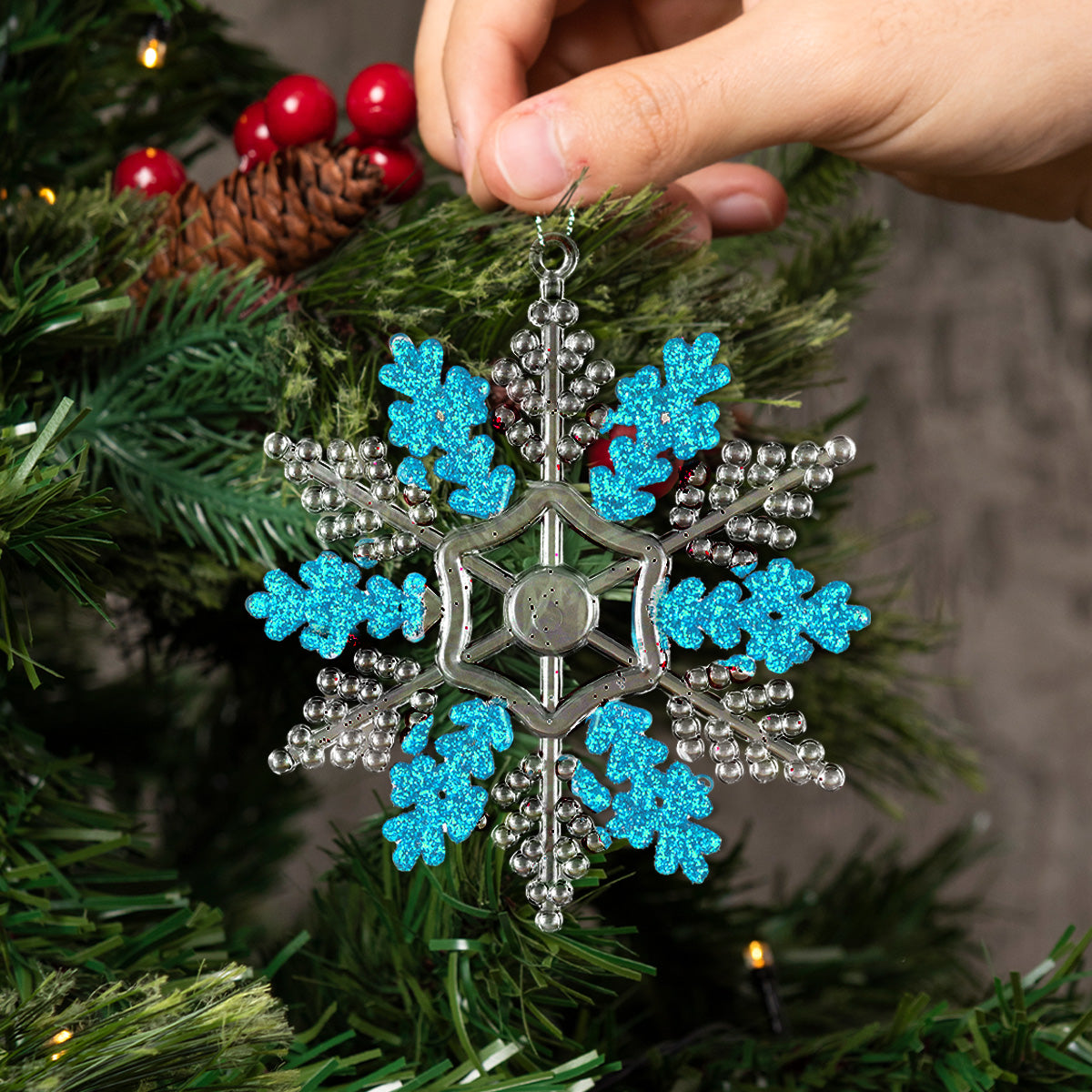 Copo de Nieve, Ornamento Navideño Plástico y Glitter, Color Azul