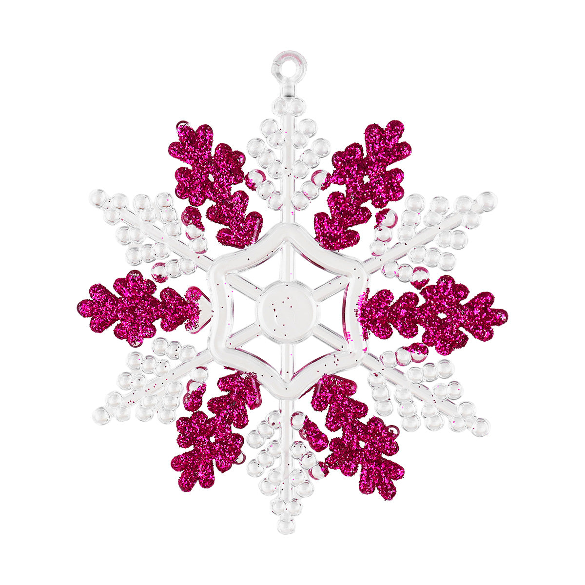 Copo de Nieve, Ornamento Navideño Plástico y Glitter, Color Rosa