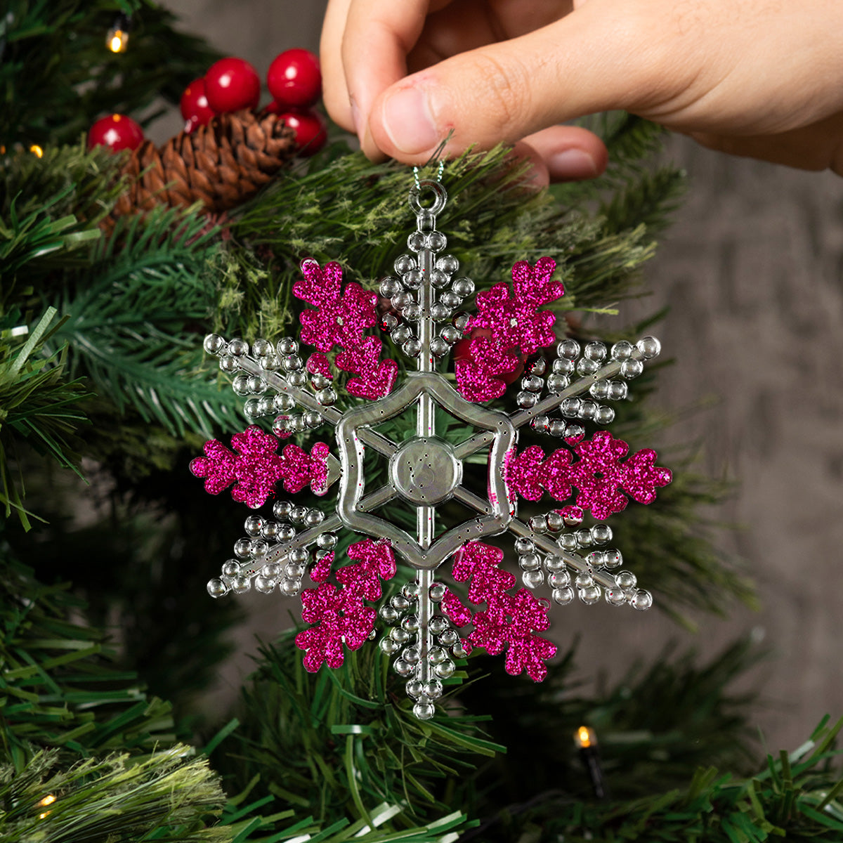 Copo de Nieve, Ornamento Navideño Plástico y Glitter, Color Rosa