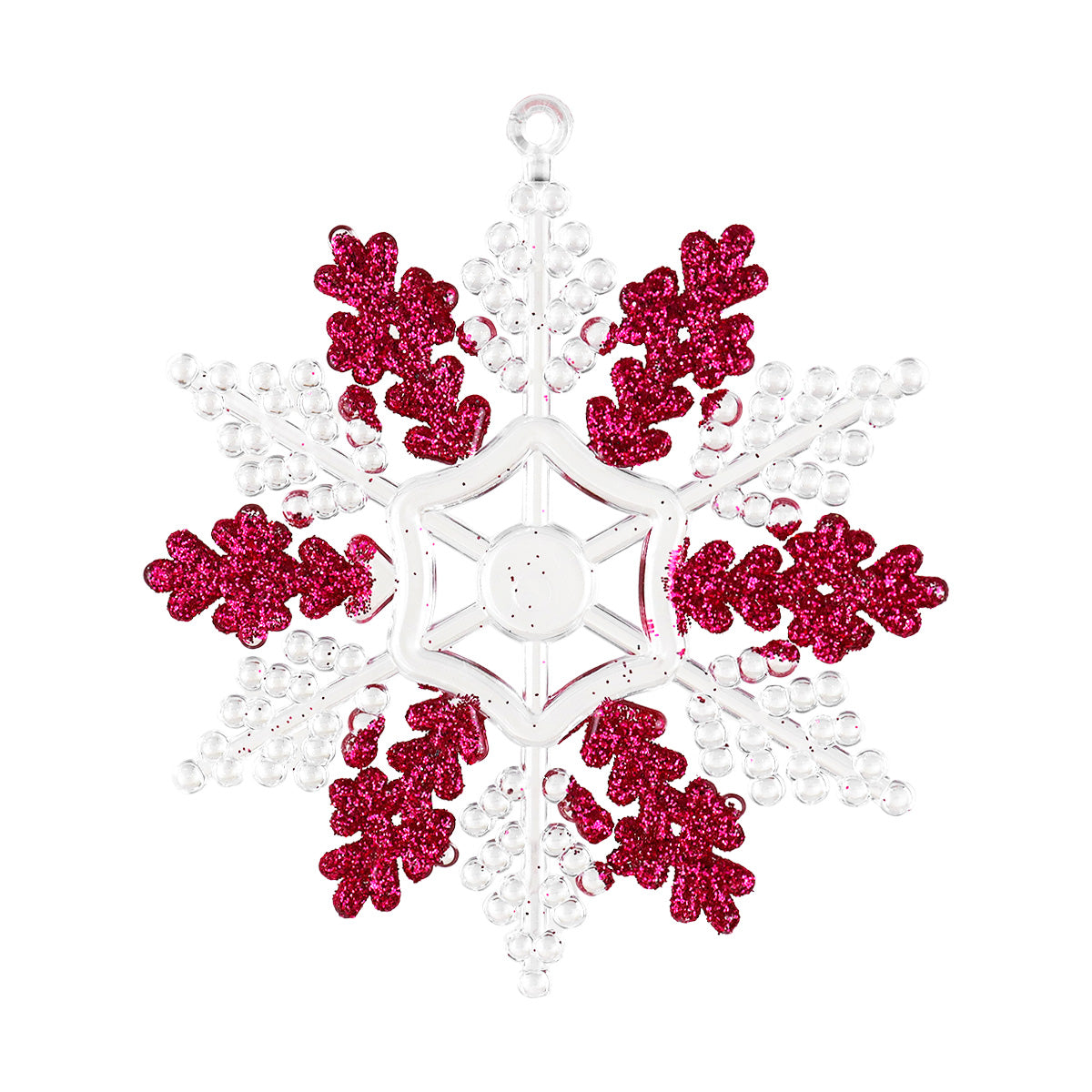 Copo de Nieve, Ornamento Navideño Plástico y Glitter, Color Rojo