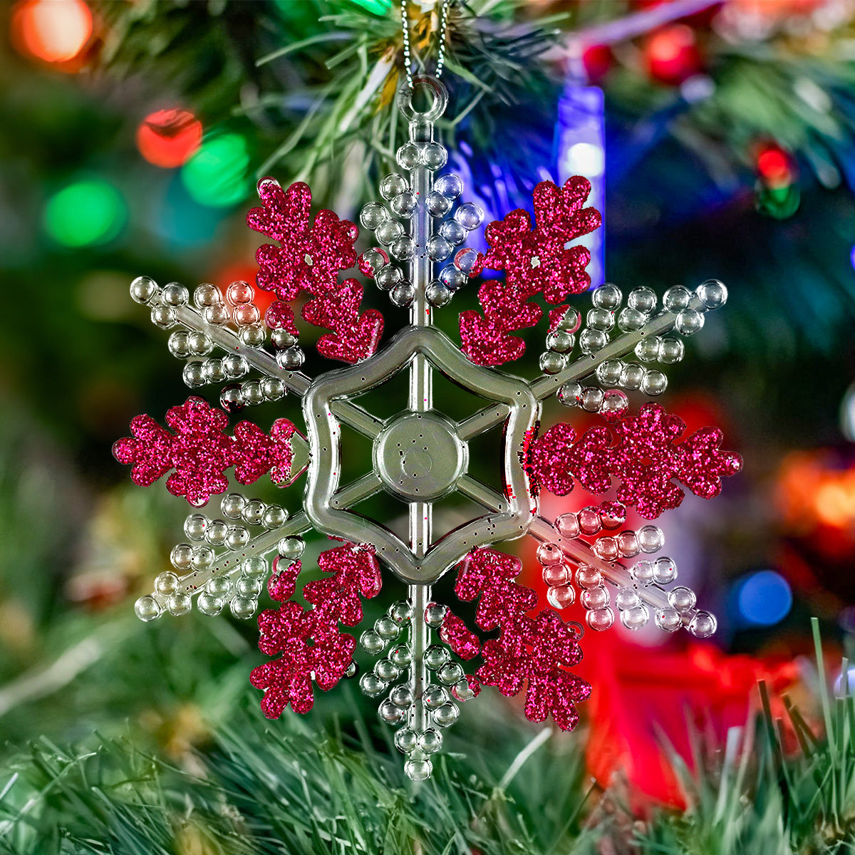 Copo de Nieve, Ornamento Navideño Plástico y Glitter, Color Rojo