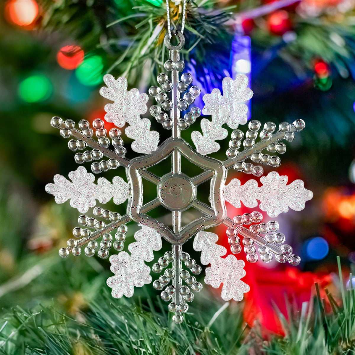 Copo de Nieve, Ornamento Navideño Plástico y Glitter, Color Blanco