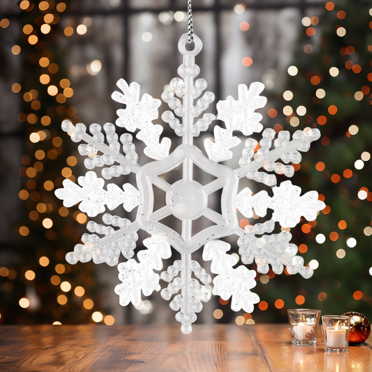 Copo de Nieve, Ornamento Navideño Plástico y Glitter, Color Blanco